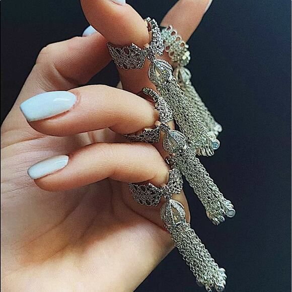 WHITE GOLD PLATED TASSEL STATEMENT RING CROWN - Picture 6 of 16